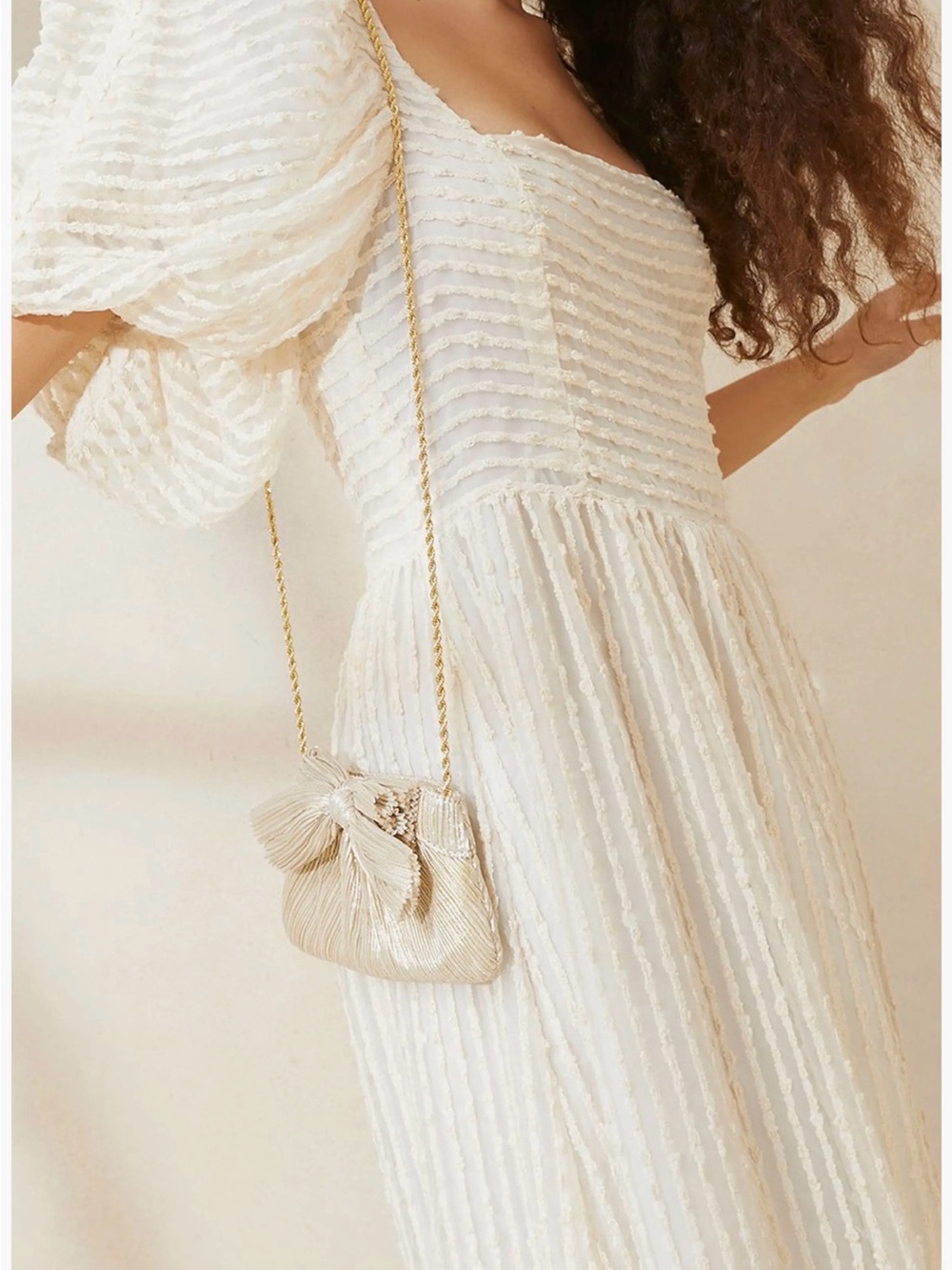 Loeffler Randall Ivory Pleated Bow Clutch with Gold Chain - Picture 11 of 14